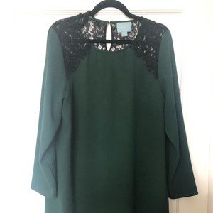 Green & Black Shift Dress with Lace Accents